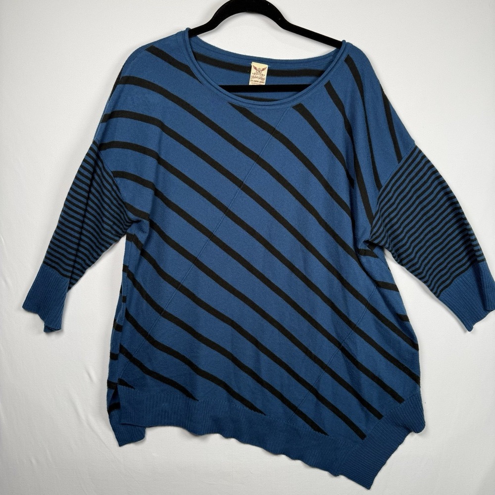 Faded Glory Sweater Womens 2X 18-20W Blue Black Stripe Asymmetrical Hem Pullover